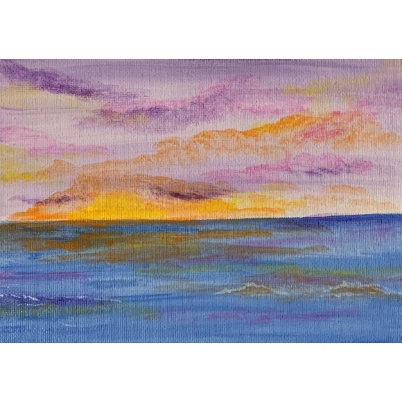 Sunset at Sea, Original Acrylic Painting, 5 x 7 - Picture 1 of 1